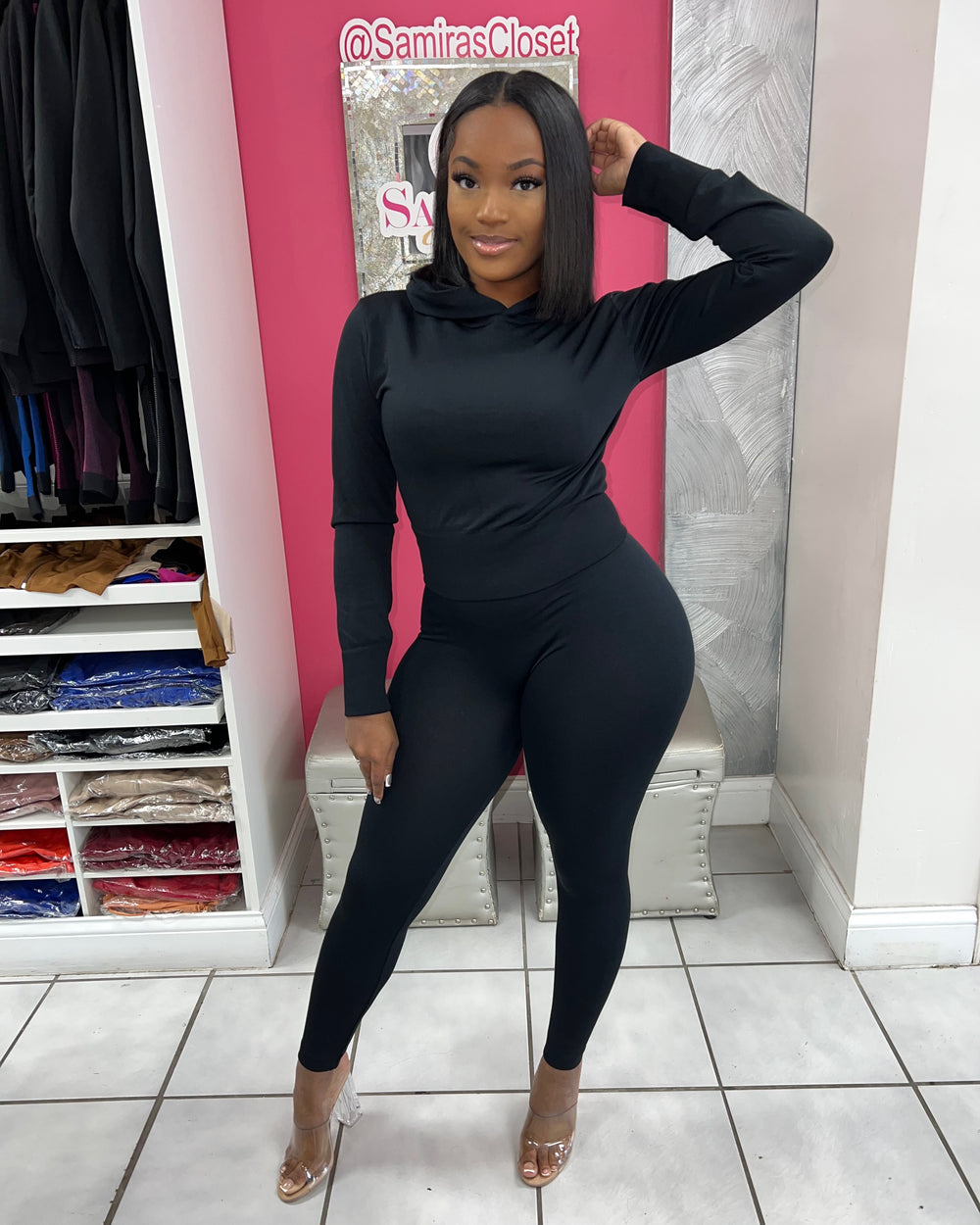 Casually Cute Hoodie Set-Black