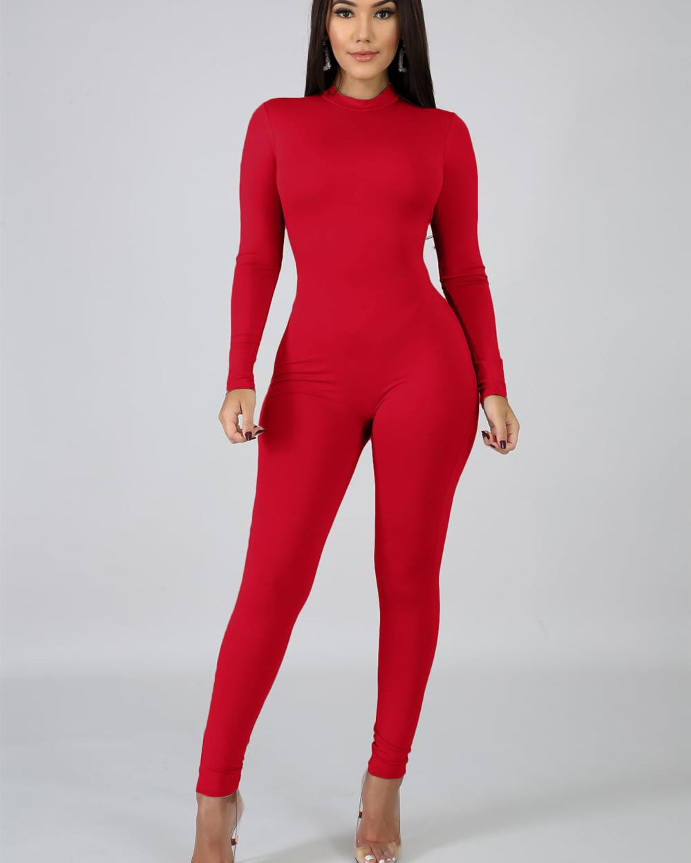 Mock Neck Jumpsuit - Red