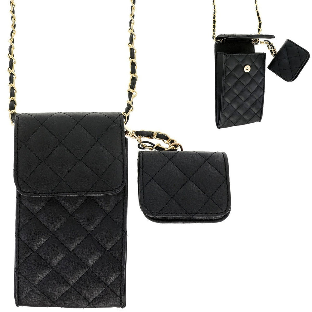 Quilted Phone Crossbody and Earbuds Case - Black