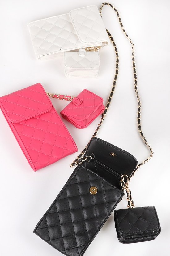 Quilted Phone Crossbody and Earbuds Case - Black