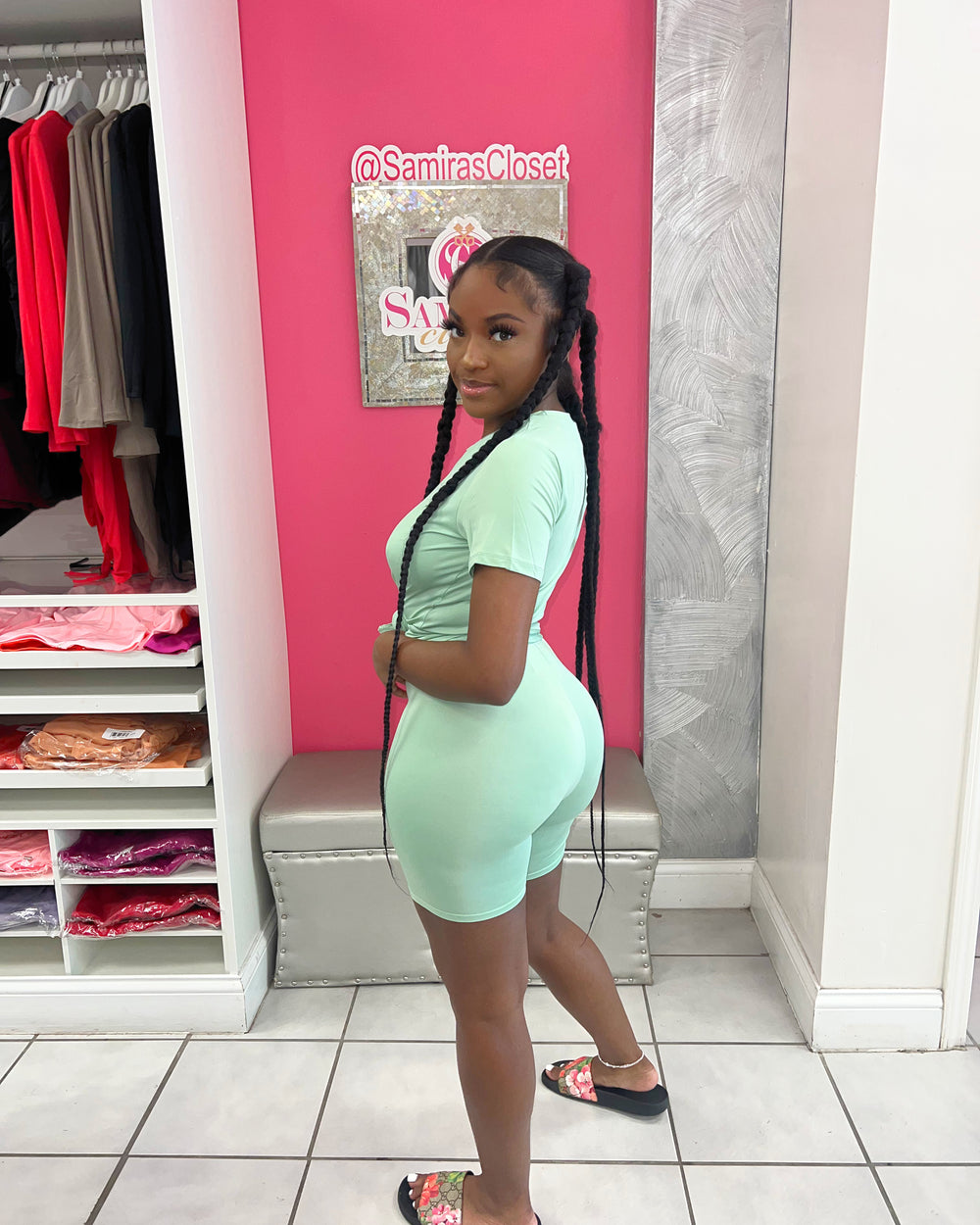 Crew Neck Biker Short Set-Sage