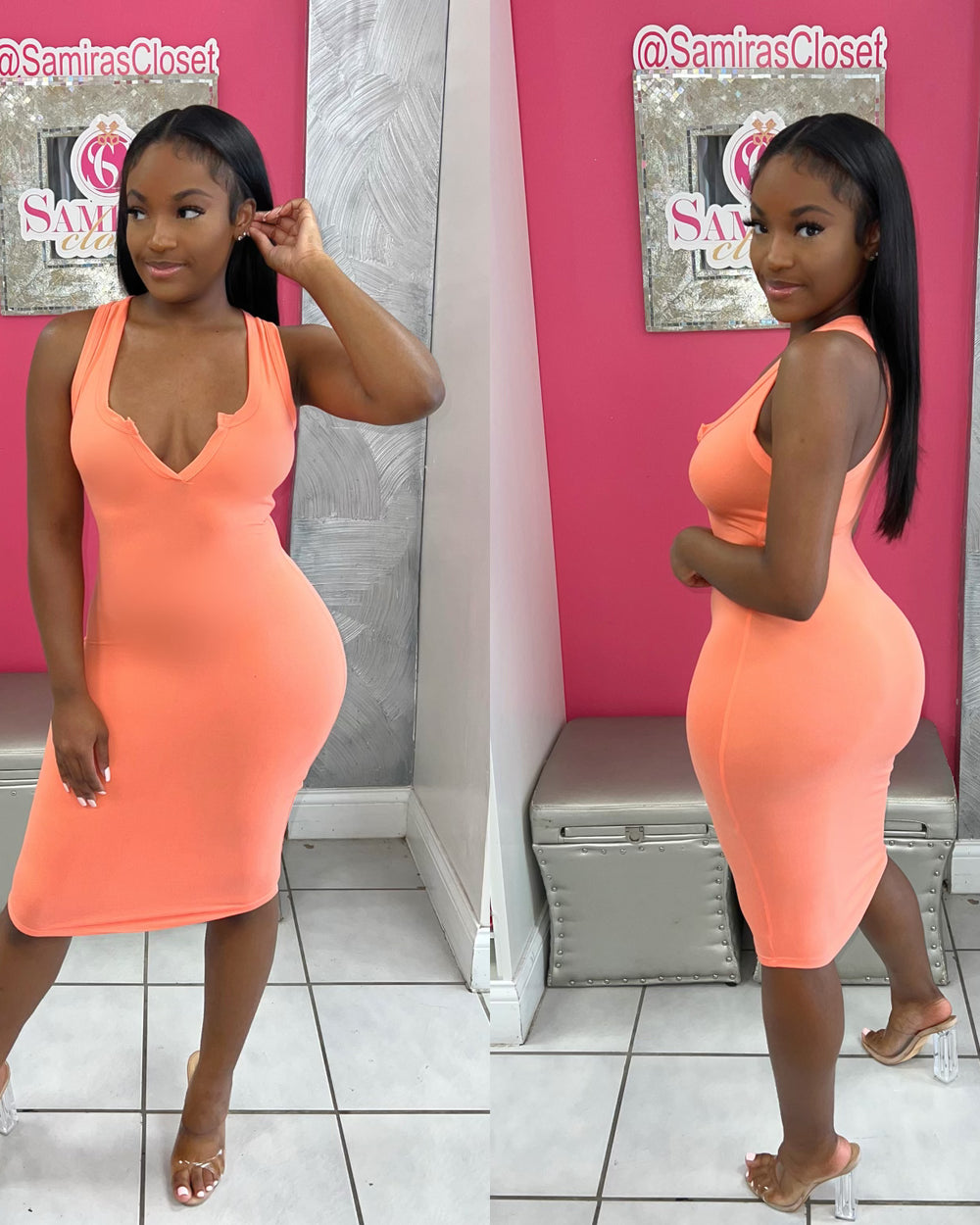 V-Cut BodyCon Dress-Coral