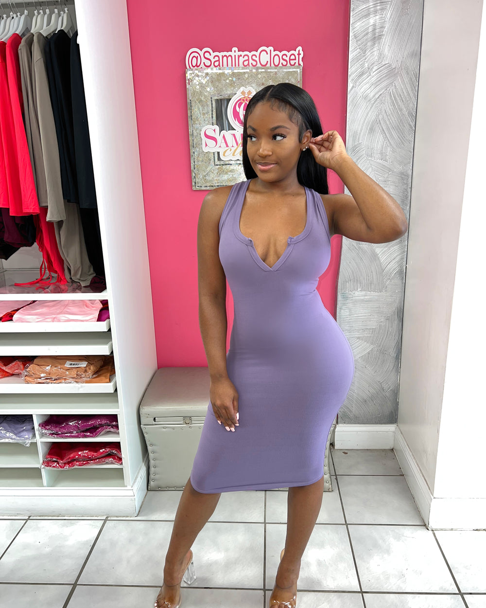 V-Cut BodyCon Dress-Grape