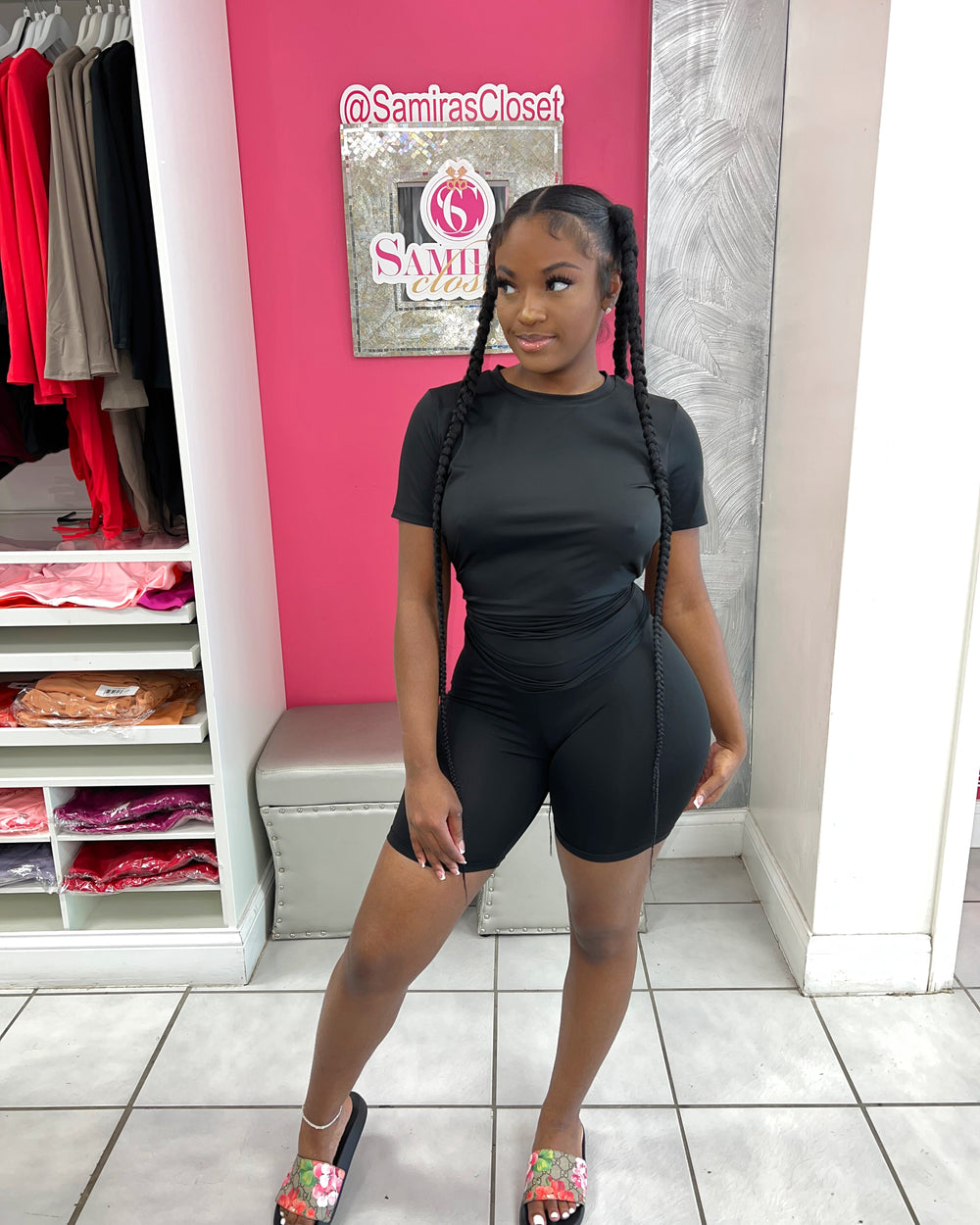 Crew Neck Biker Short Set-Black
