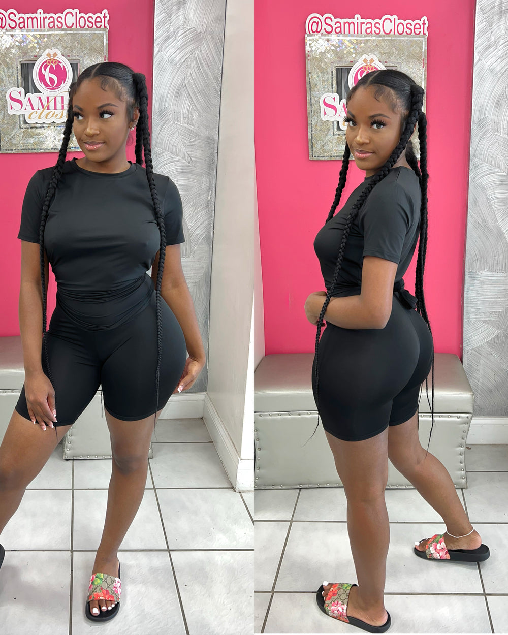 Crew Neck Biker Short Set-Black