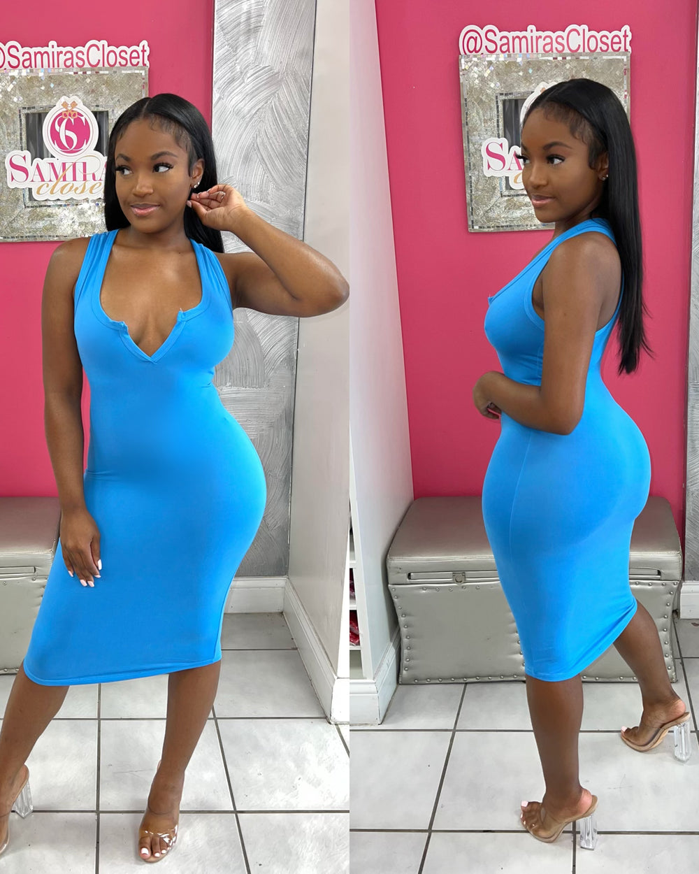 V-Cut BodyCon Dress-Breezy Blue