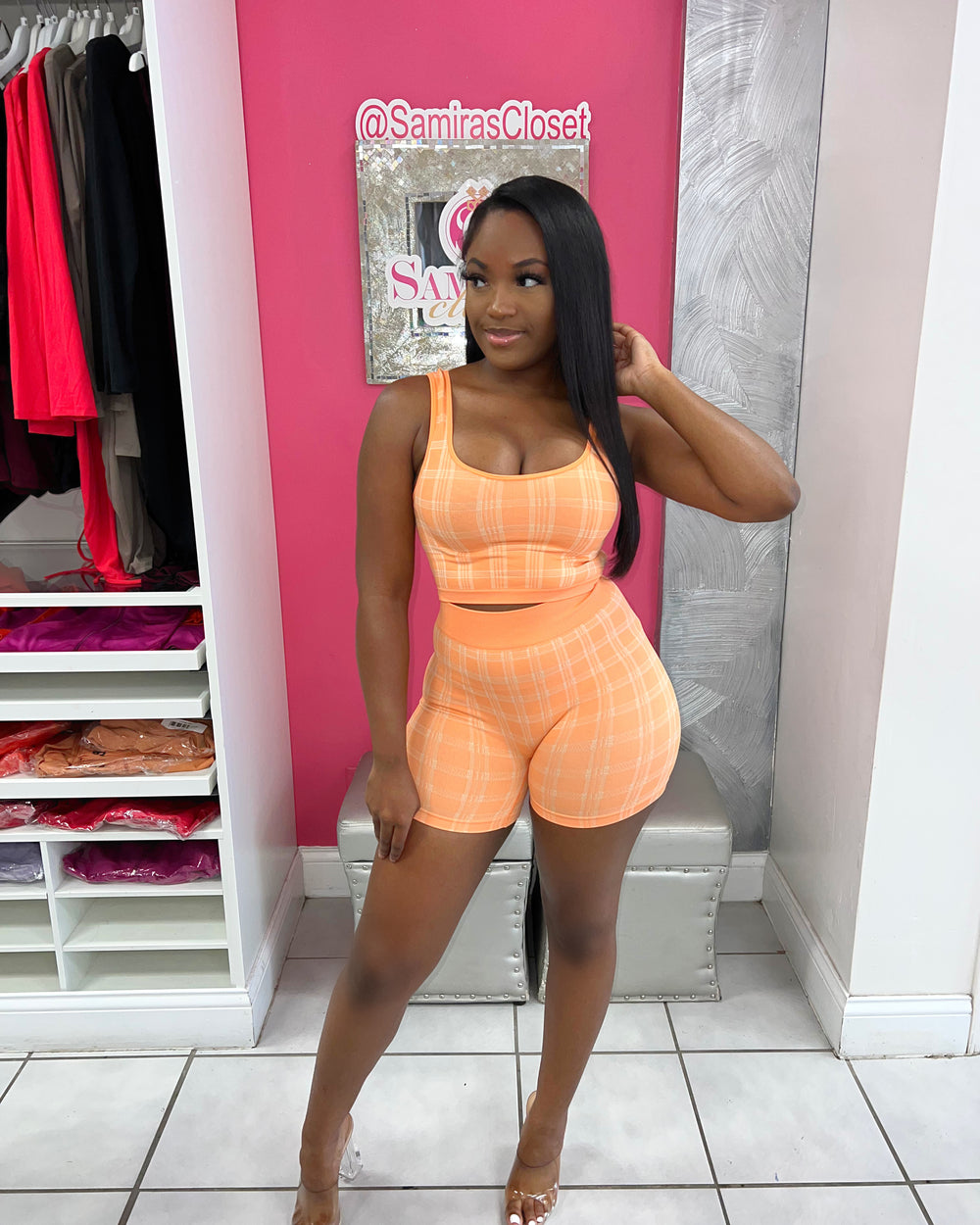 Full Of Plaid Biker Set-Peach