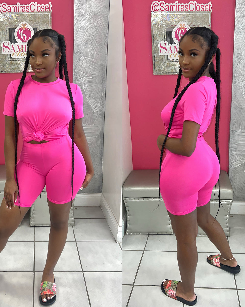 Crew Neck Biker Short Set-Hot Pink