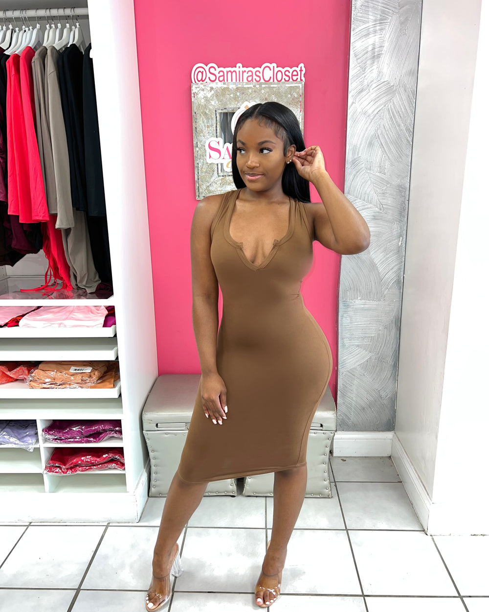 V-Cut BodyCon Dress-Coffee