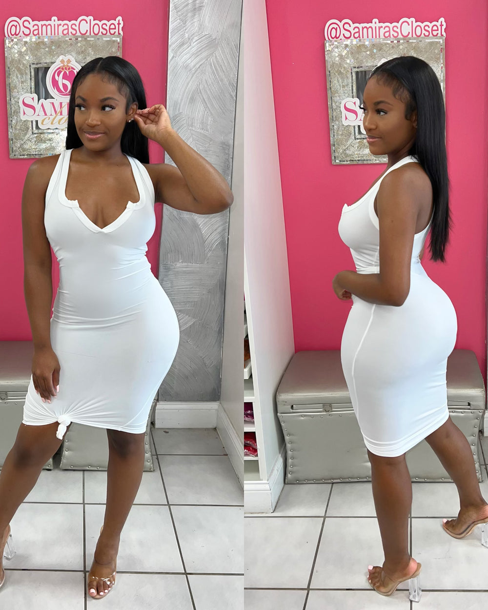 V-Cut BodyCon Dress-White
