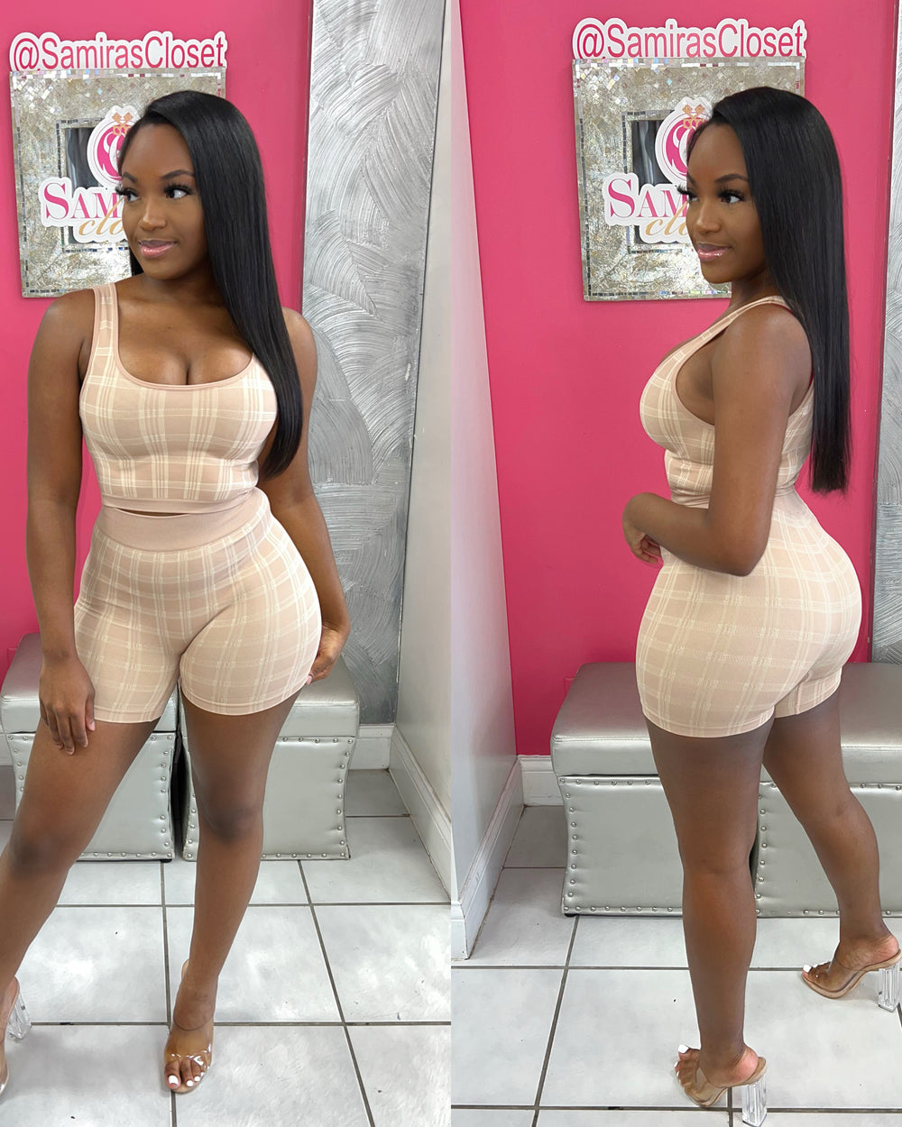 Full Of Plaid Biker Set-Mocha