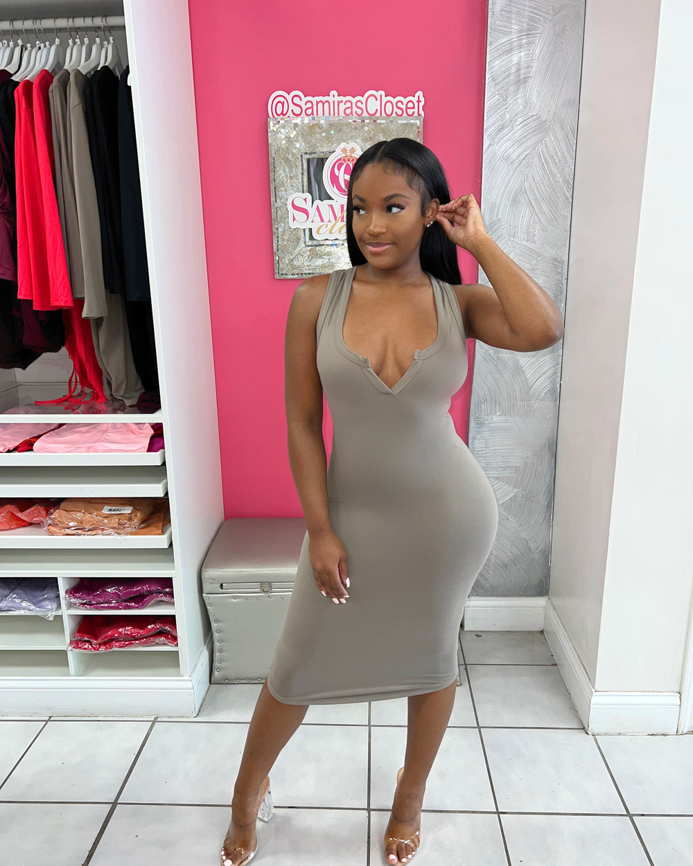 V-Cut BodyCon Dress-Taupe