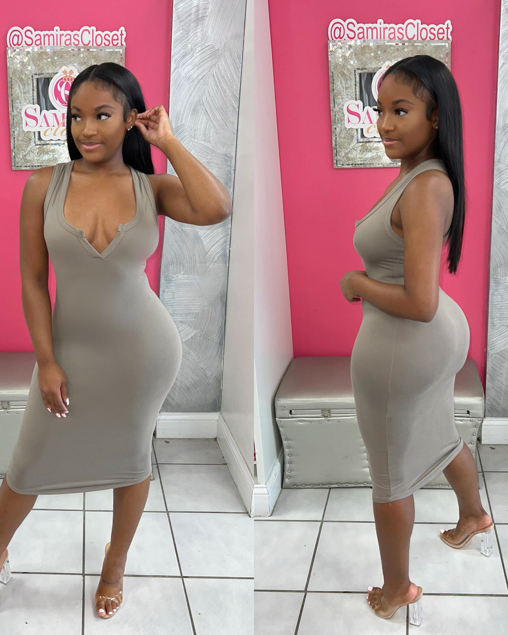 V-Cut BodyCon Dress-Taupe