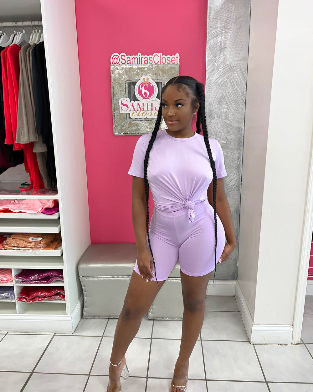Crew Neck Biker Short Set-Lavender