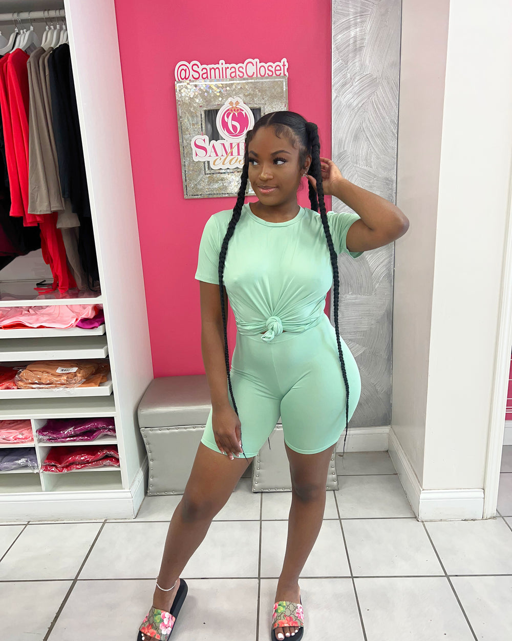 Crew Neck Biker Short Set-Sage