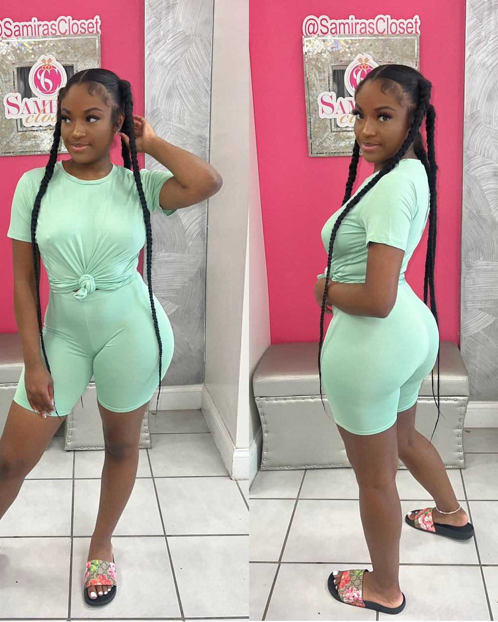 Crew Neck Biker Short Set-Sage