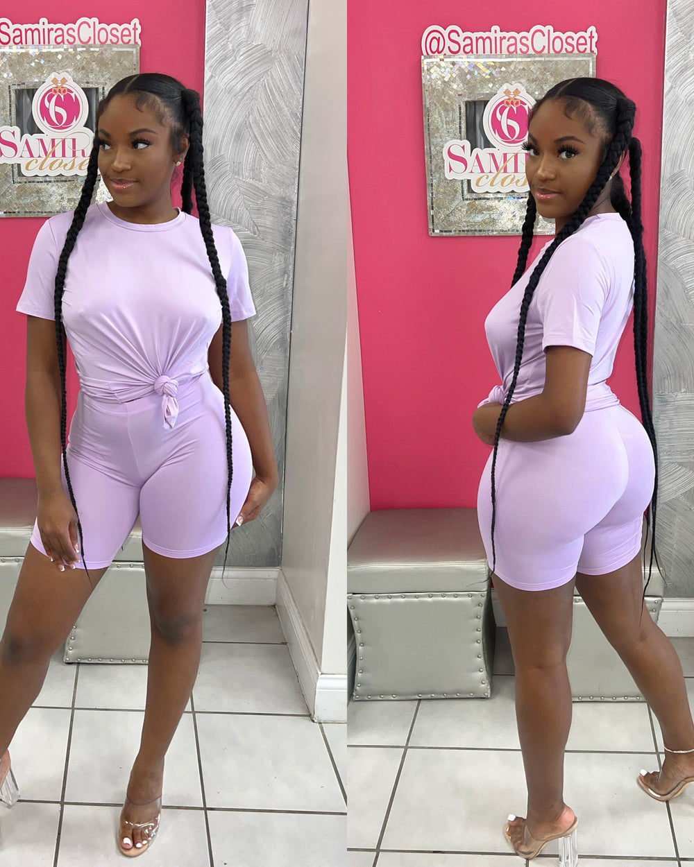 Crew Neck Biker Short Set-Lavender