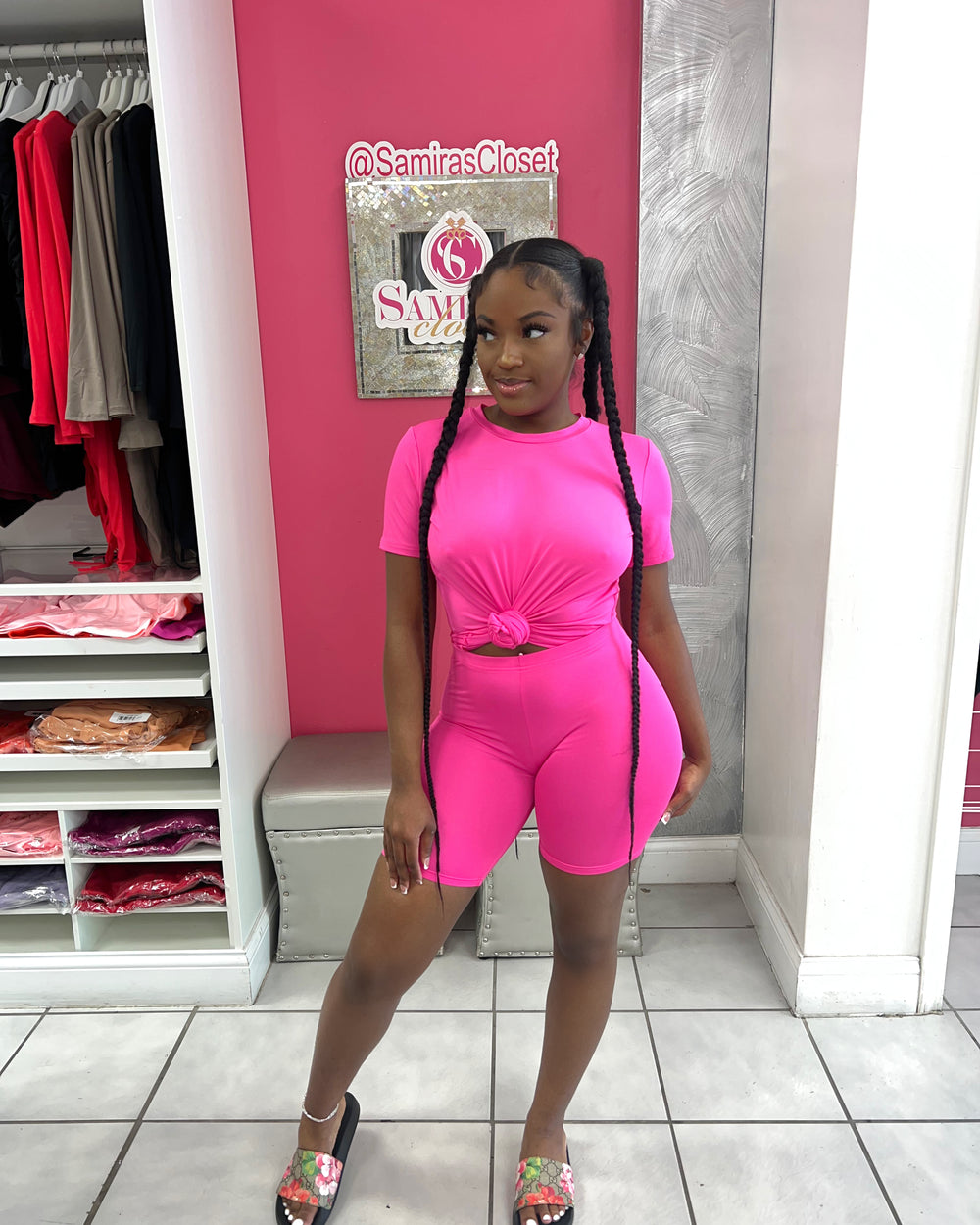 Crew Neck Biker Short Set-Hot Pink