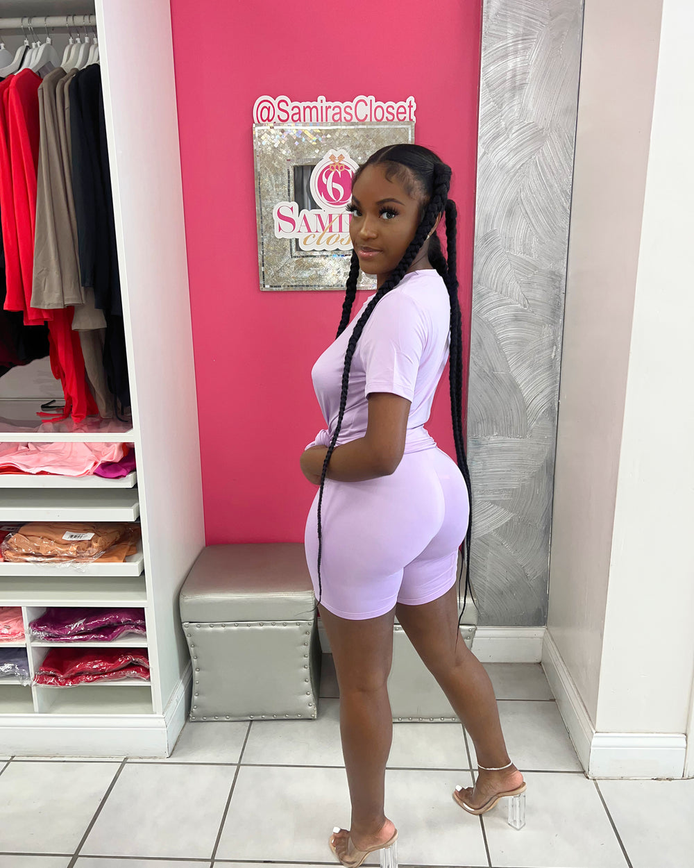 Crew Neck Biker Short Set-Lavender