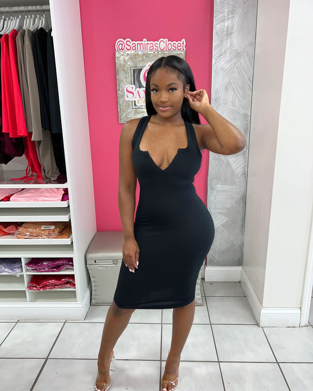 V-Cut BodyCon Dress-Black
