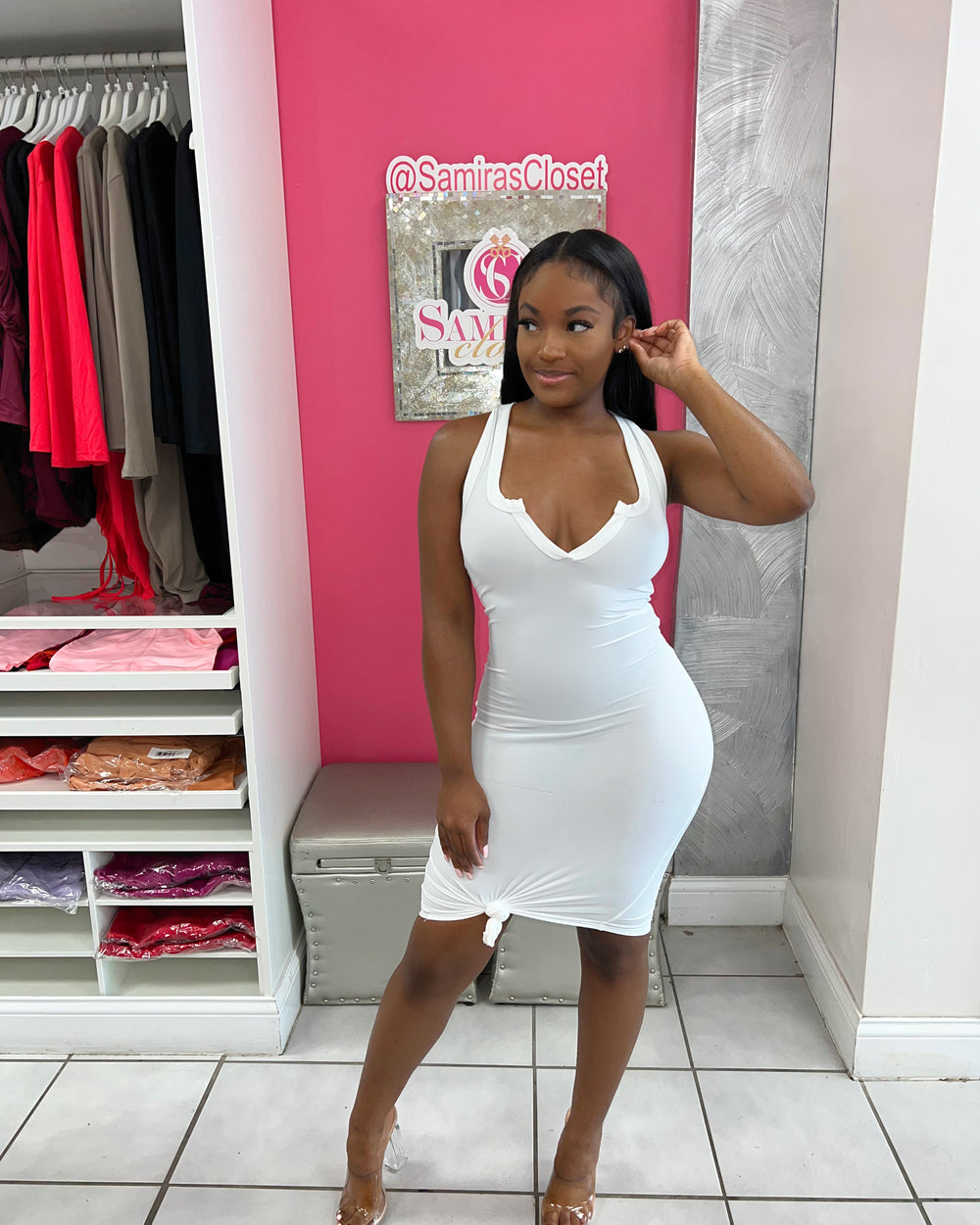 V-Cut BodyCon Dress-White