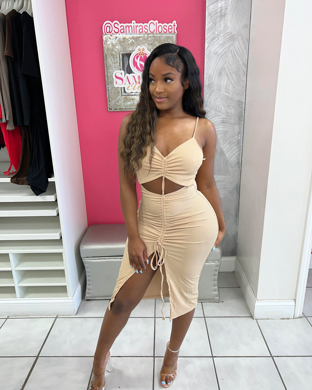 Flaunt it Cutout Midi Dress-Taupe