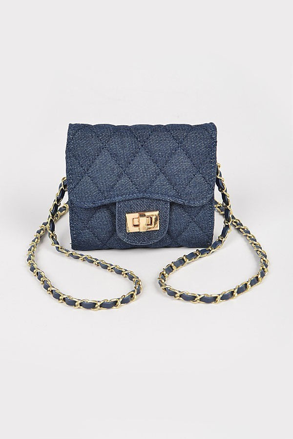 Quilted Denim Small Wallet W/Crossbody Bag - Blue