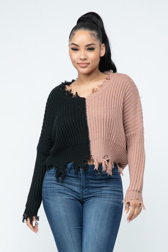 Color Block Sweater-Black/Tan