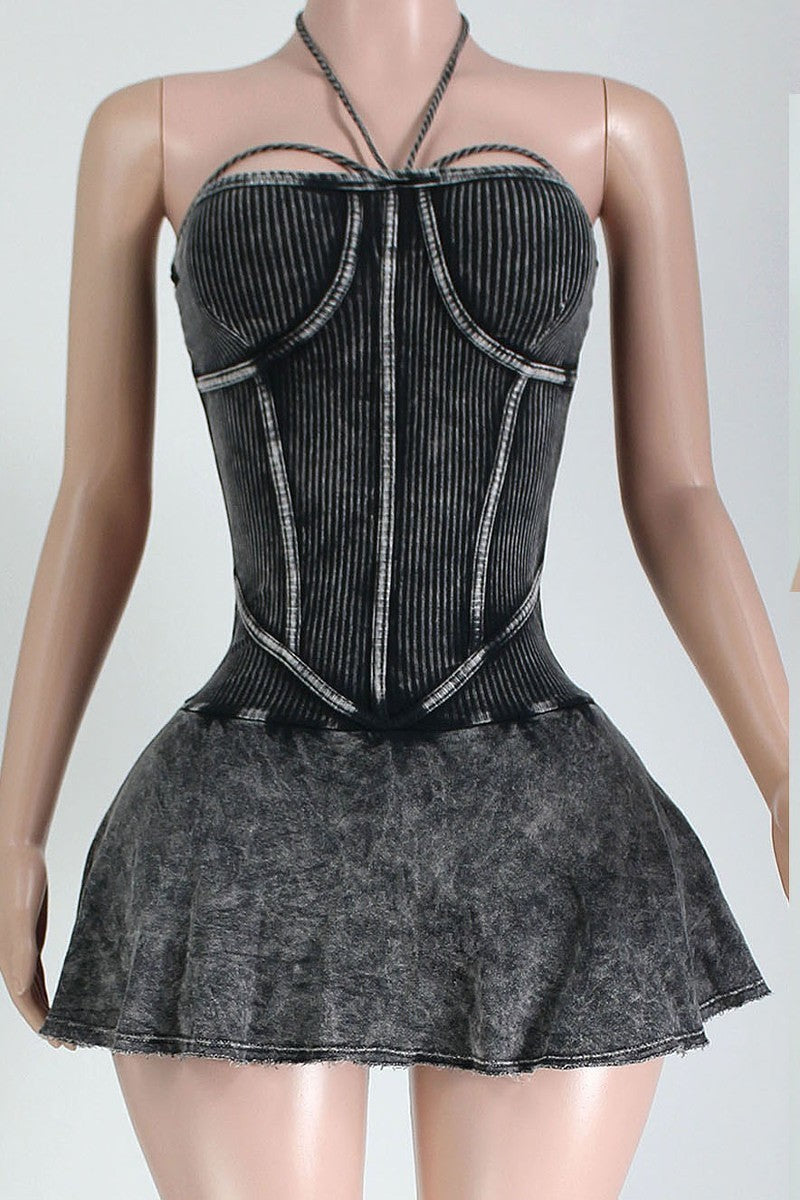 Babydoll Mini Skort Dress-Black