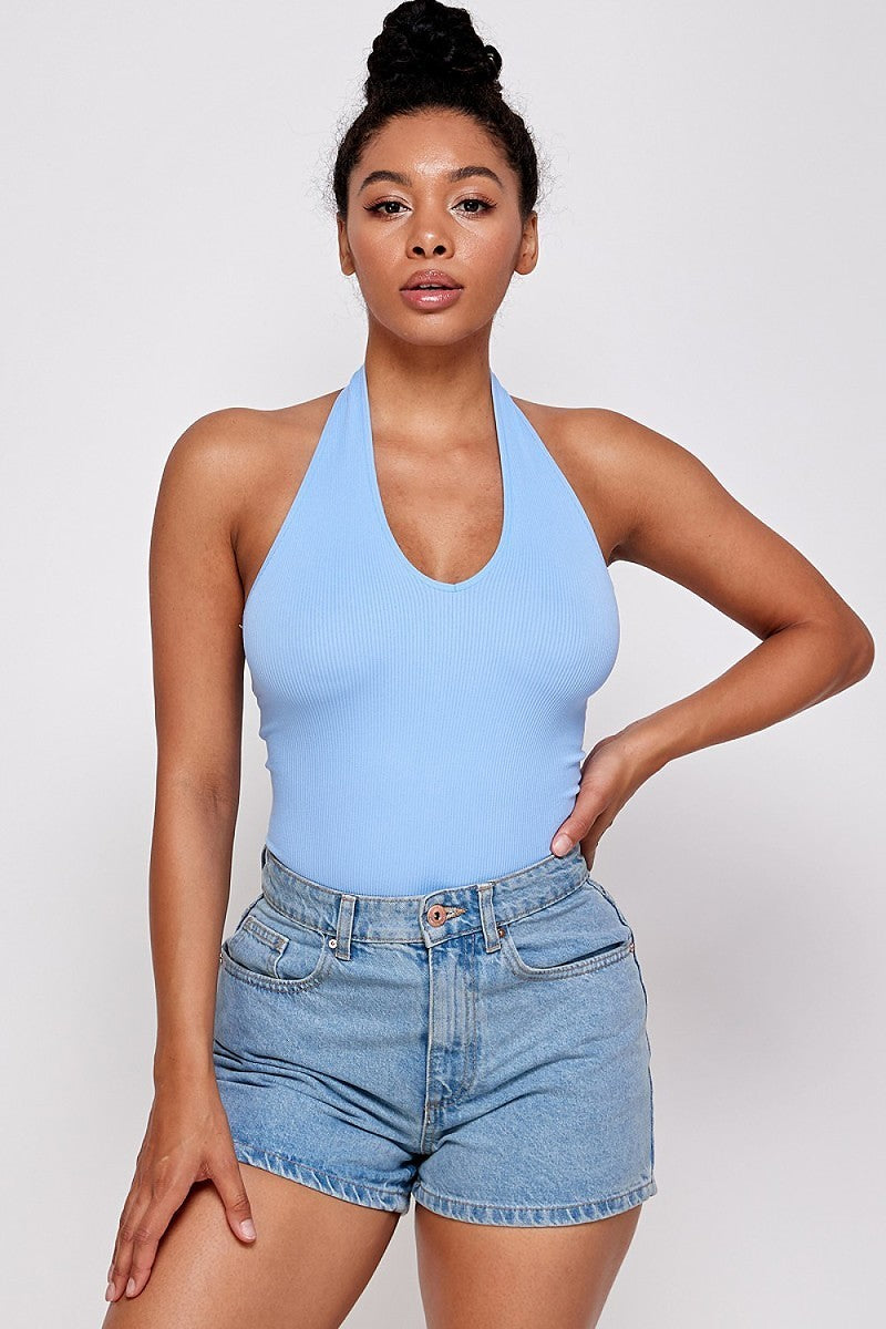 Ariana Halter Bodysuit-Baby Blue