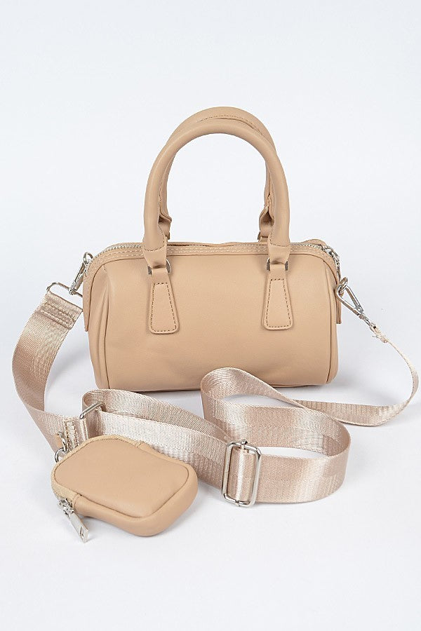 Faux Leather Boston Bag W/Mini Bag - Nude