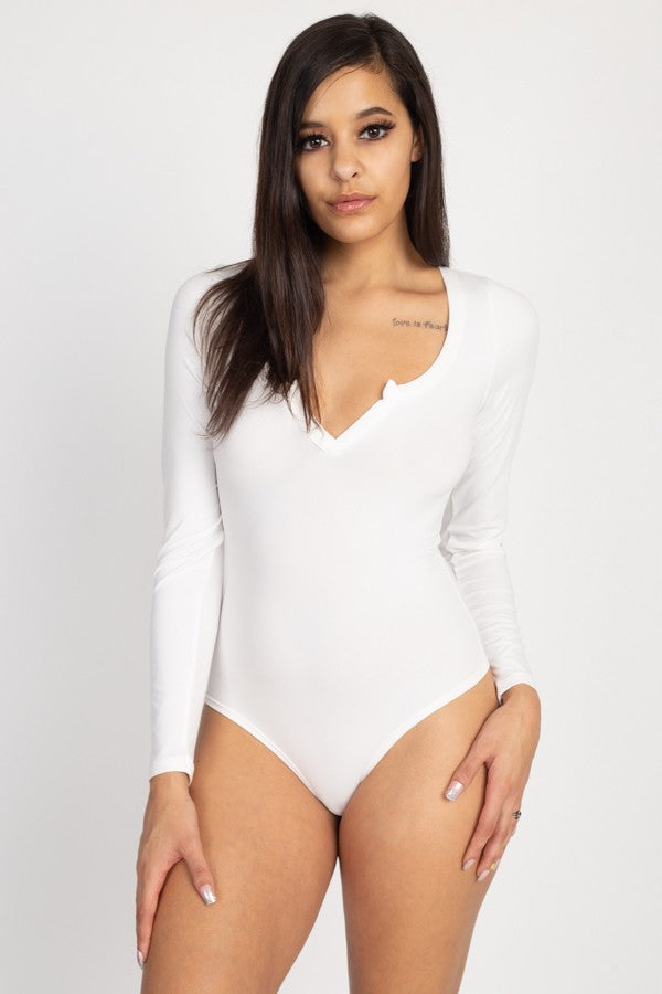 Split Neck Bodysuit-White