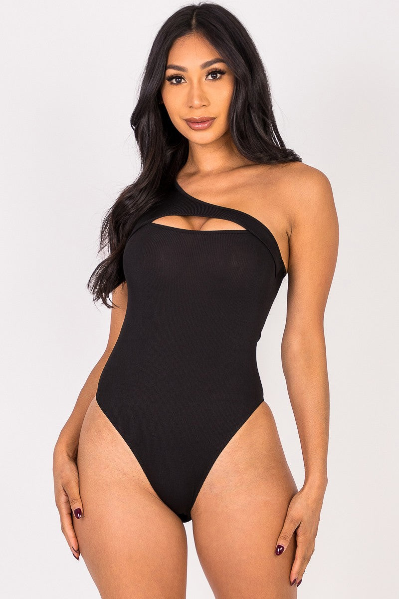 One Shoulder Slit Bodysuit-Black