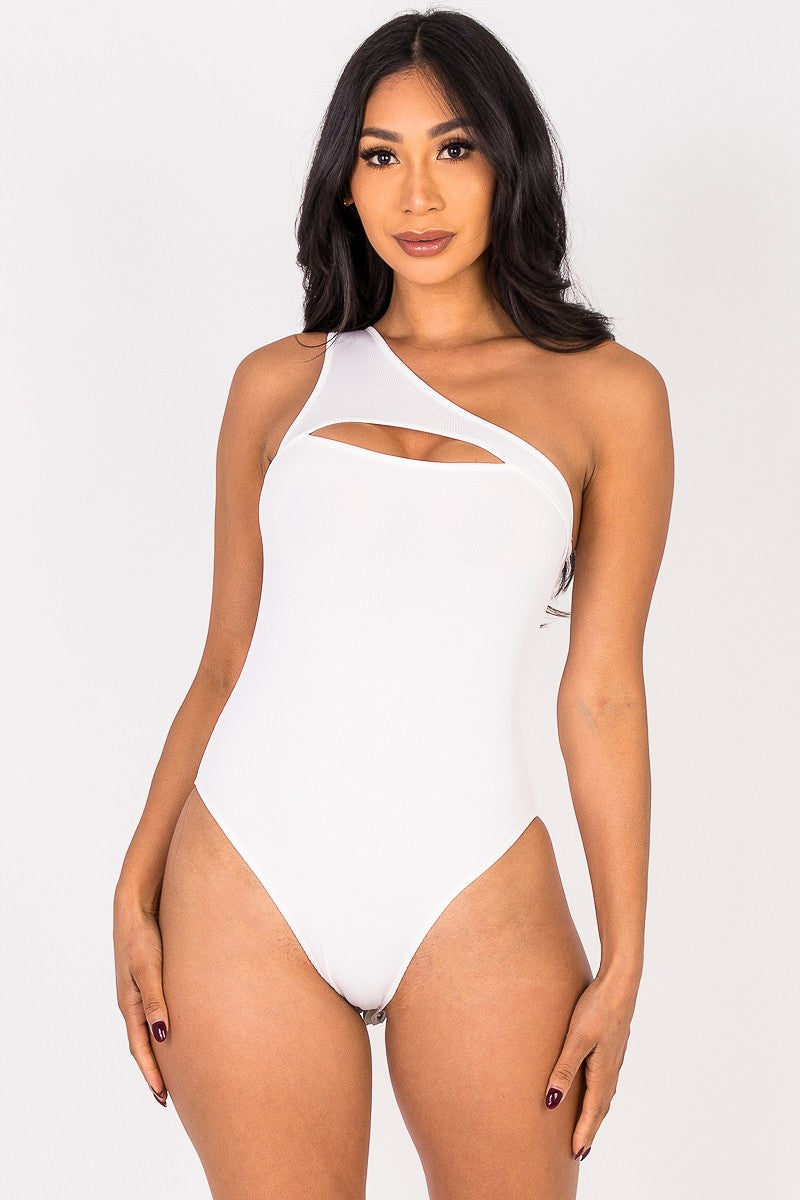 One Shoulder Slit Bodysuit-White