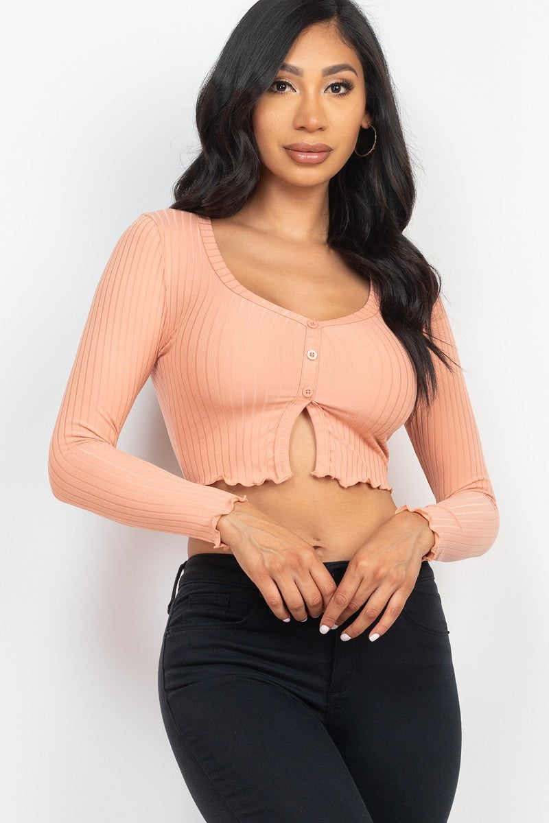 Long Sleeve Button Crop Top-Mauve