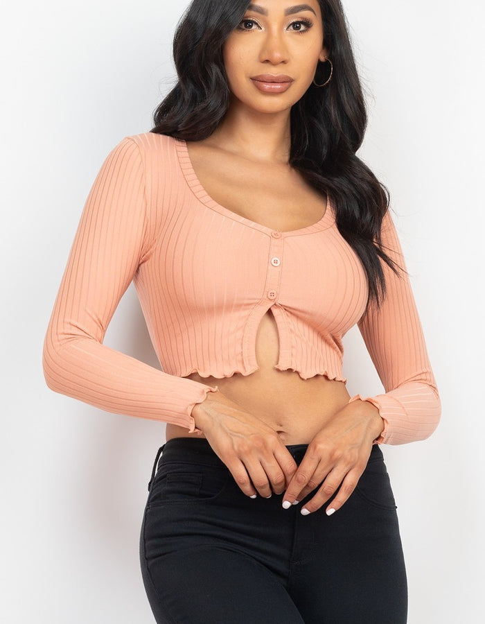 Long Sleeve Button Crop Top-Mauve