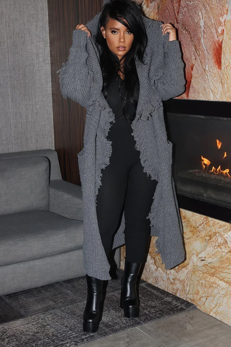Roxy Distressed Cardigan-Charcoal