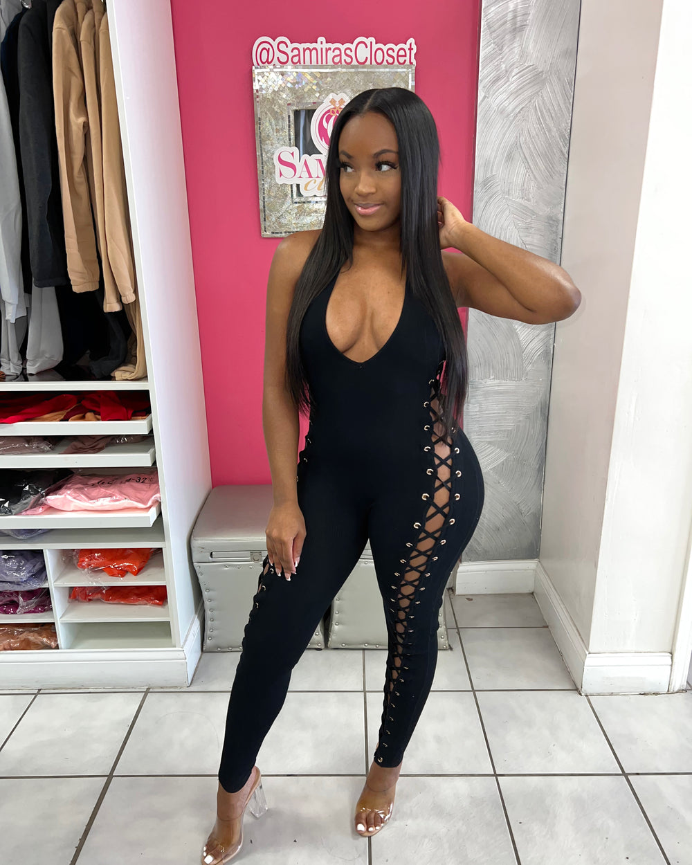Stepping out Laceup Jumpsuit-Black