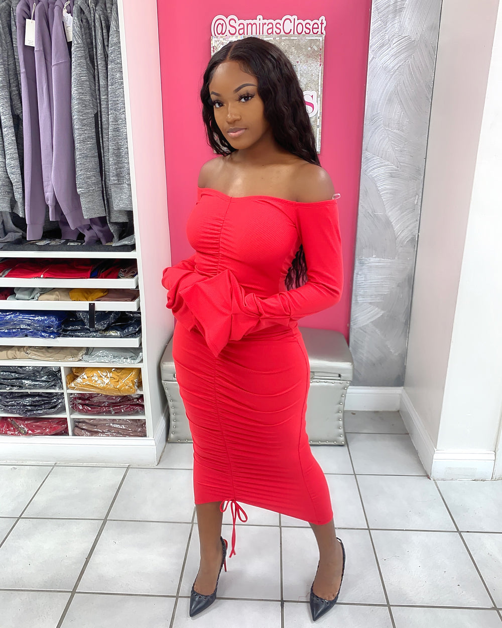 Stacked Sleeve Ruched Midi Dress- Red