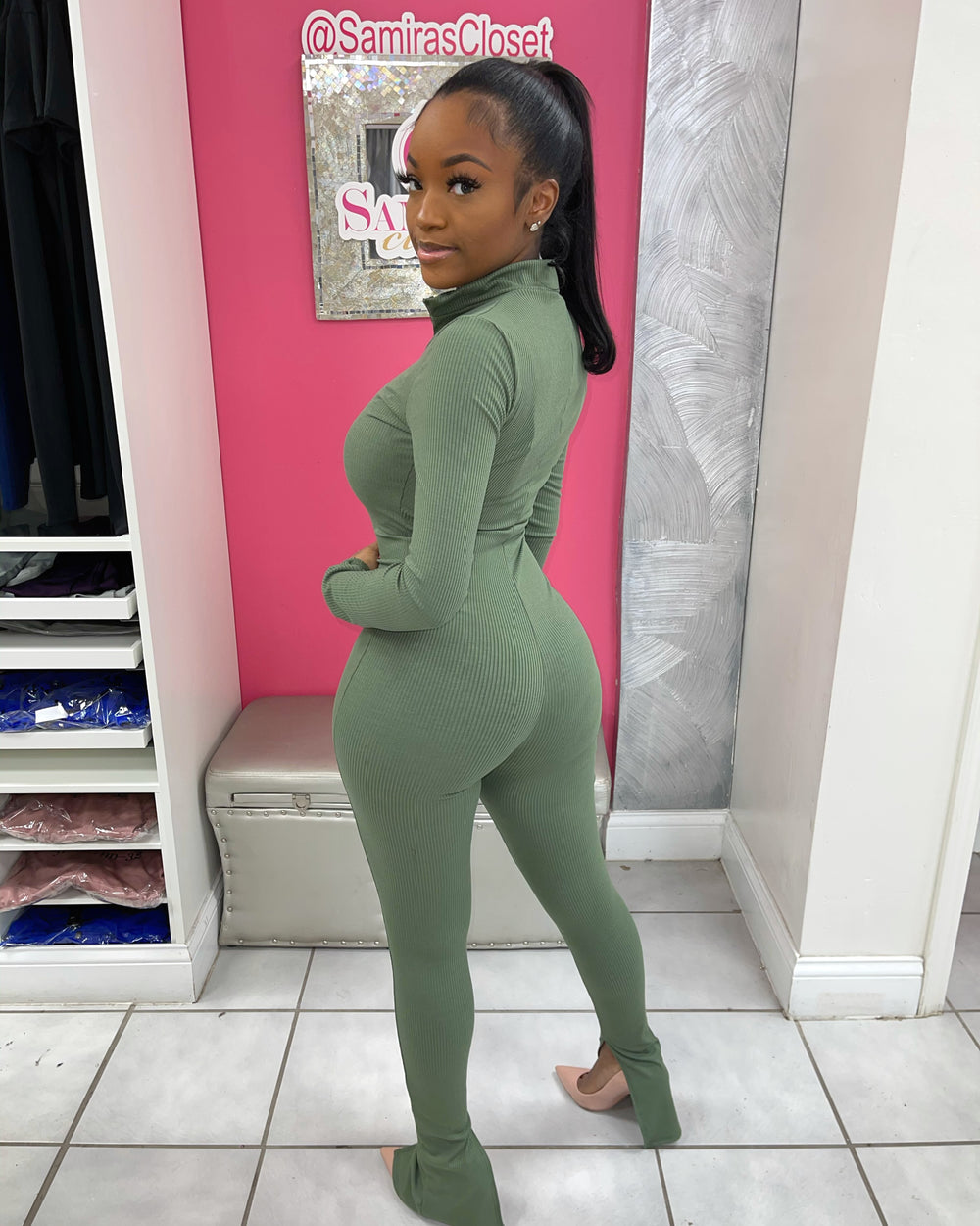 Bottom Slit Ribbed Jumpsuit-Olive