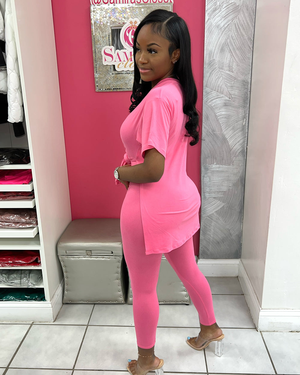 V Neck Legging Set-Fuchsia