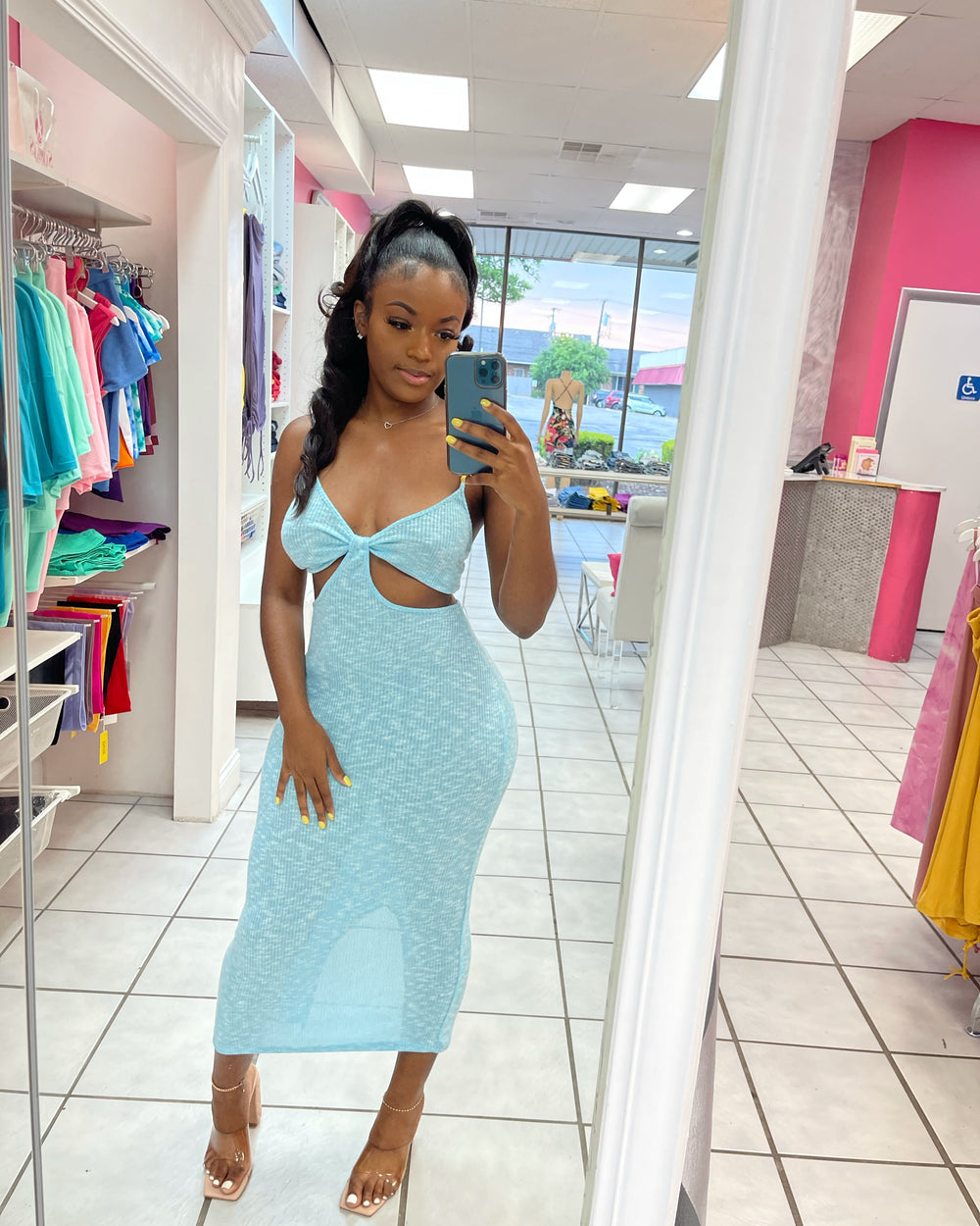 Double Peek Midi Dress-Blue
