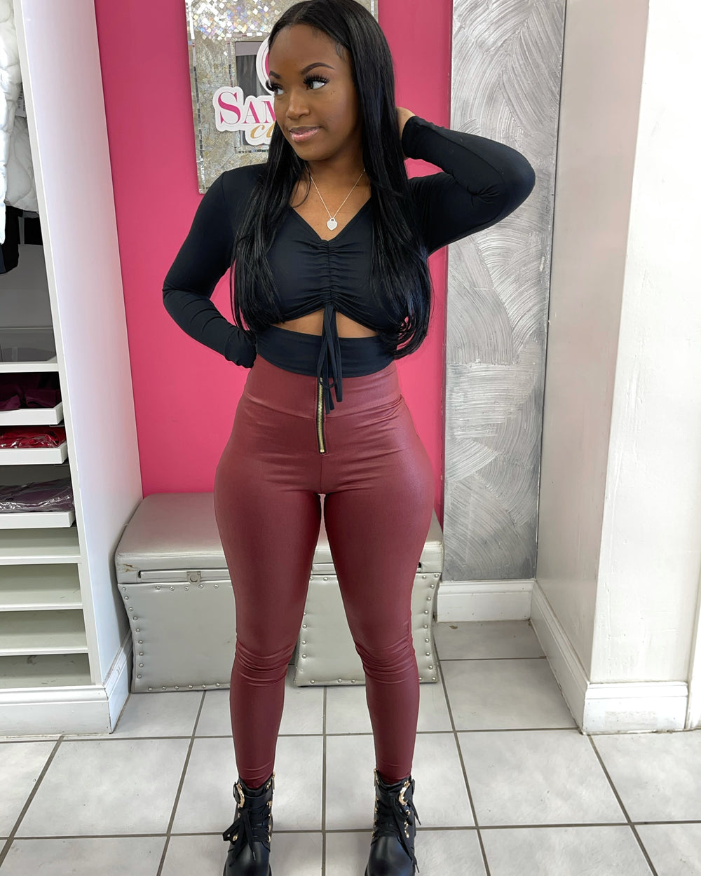 Zippered Faux Leather Leggings-Burgundy