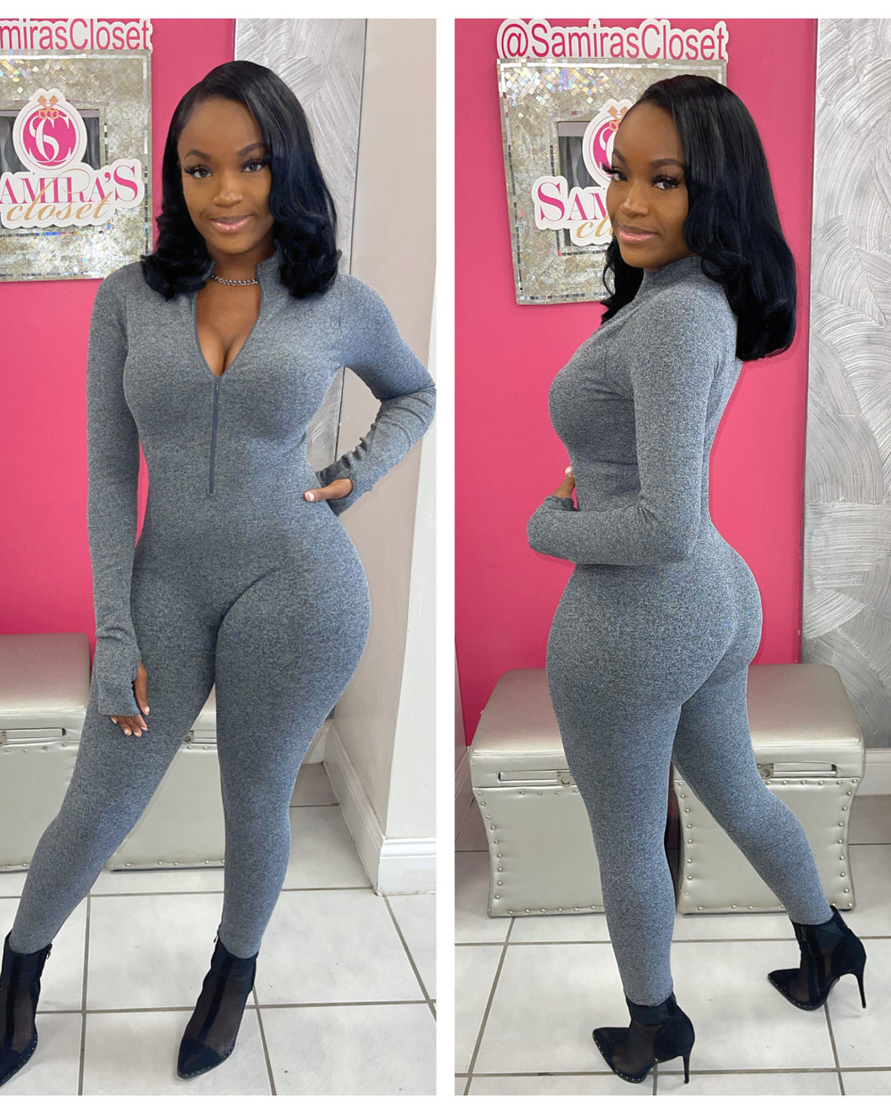 Thumb Hole Jumpsuit-Gray