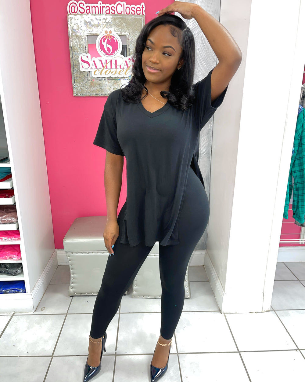 V Neck Legging Set-Black