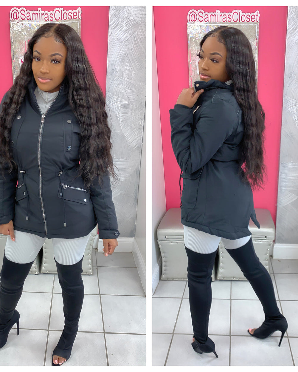 Fleece Lined Fur Hood Jacket-Black