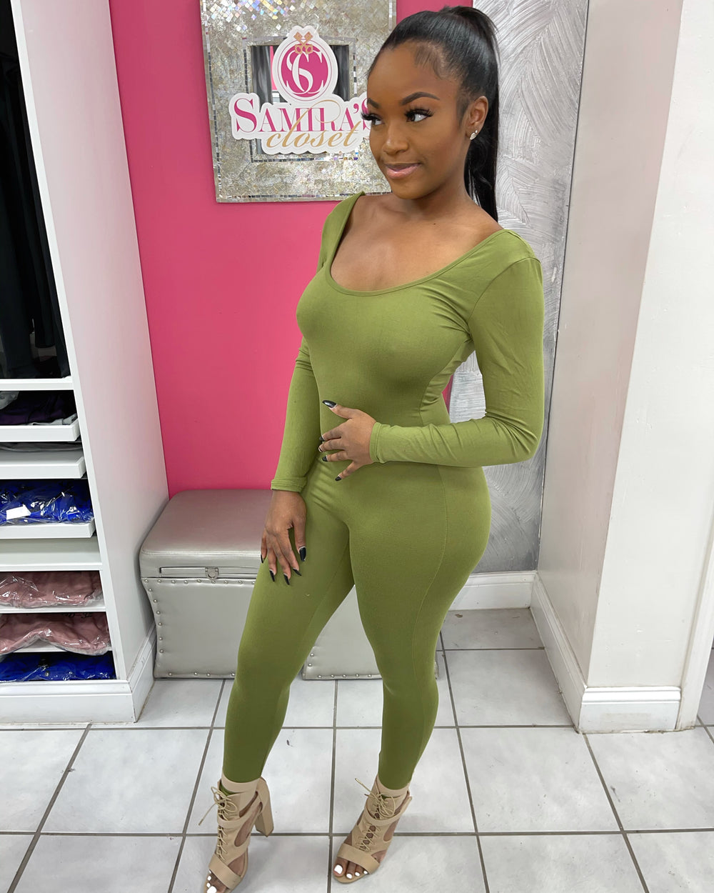 Scoop Back Jumpsuit-Olive