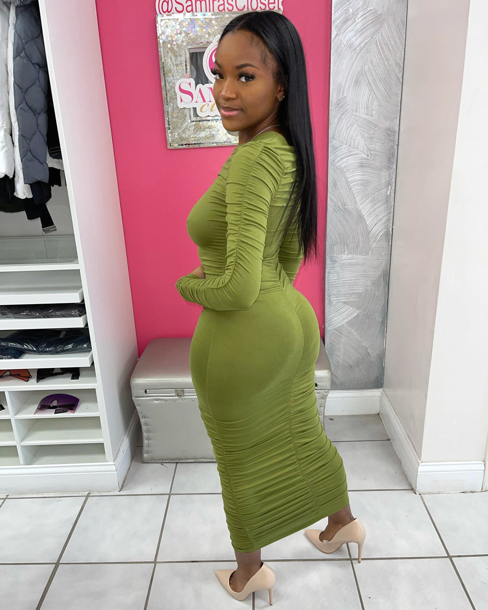 Ruched Long Sleeve Midi Dress-Olive