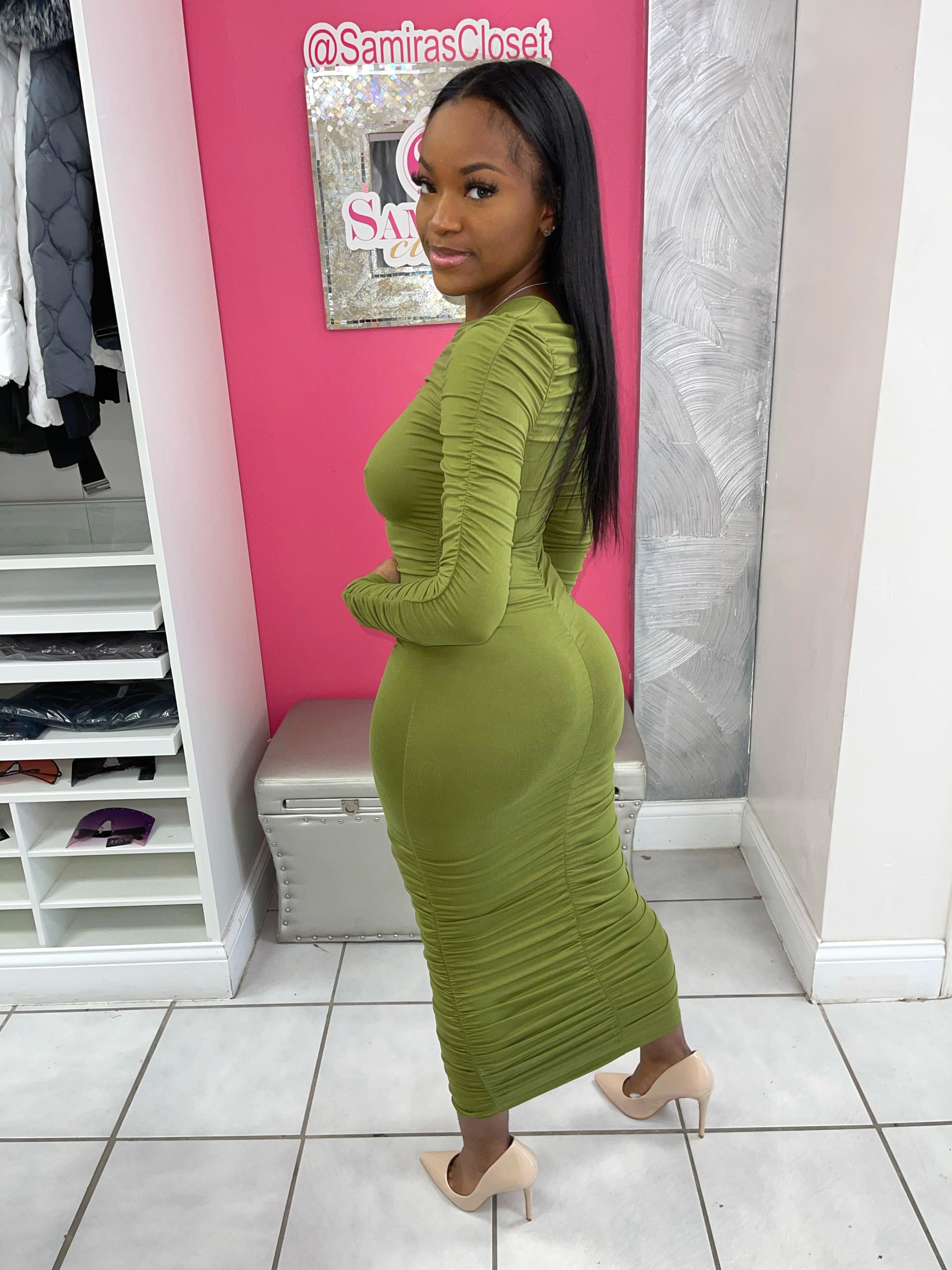 Ruched Long Sleeve Midi Dress-Olive Samira's Closet Ruched Long Sleeve Midi Dress-Olive Samira's Closet