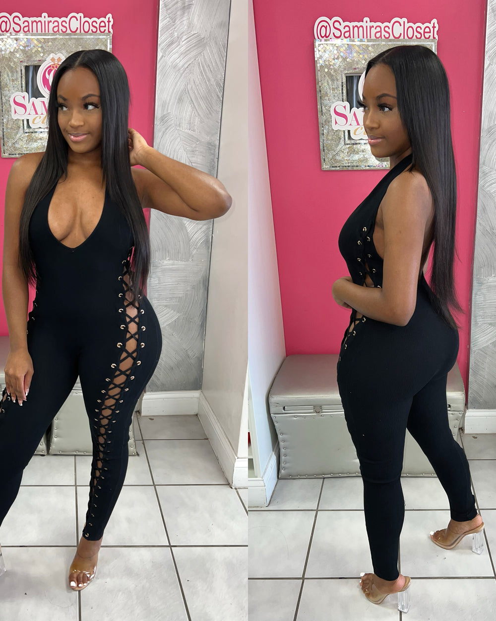 Stepping out Laceup Jumpsuit-Black